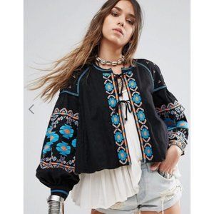 Free People Black and Blue Embroidered Jacket